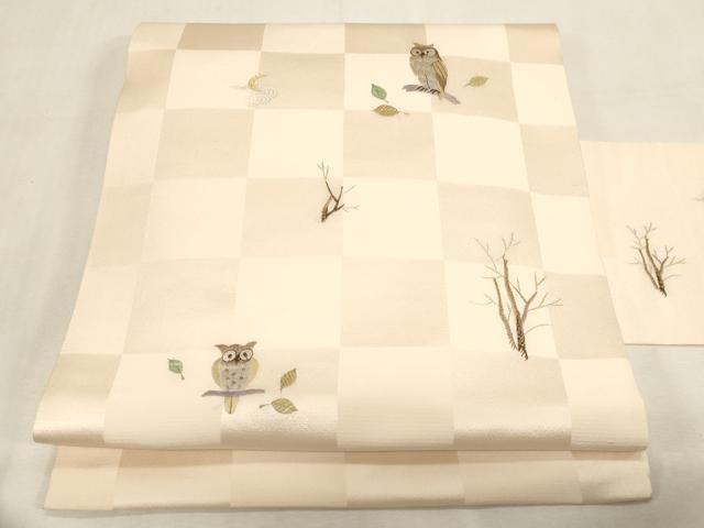 平和屋着物●九寸名古屋帯 総刺繍 梟 金糸 正絹 逸品 CABG3055dy