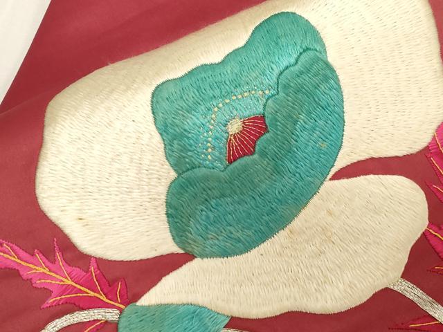 平和屋着物●アンティーク 大正ロマン 九寸名古屋帯 総刺繍 駒刺繍 草花文 正絹 逸品 CABG3059dy