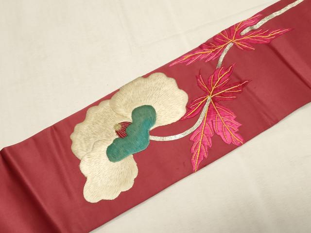 平和屋着物●アンティーク 大正ロマン 九寸名古屋帯 総刺繍 駒刺繍 草花文 正絹 逸品 CABG3059dy