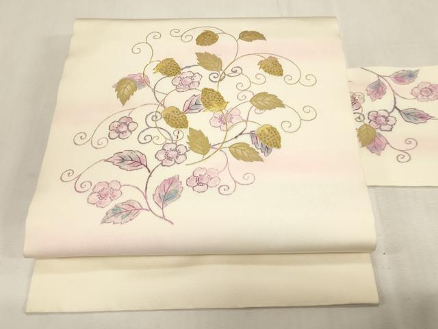 平和屋着物●中国三大刺繍 相良刺繍 塩瀬 九寸名古屋帯 駒刺繍 成り物 苺 金銀彩 正絹 逸品 CABG3062dy