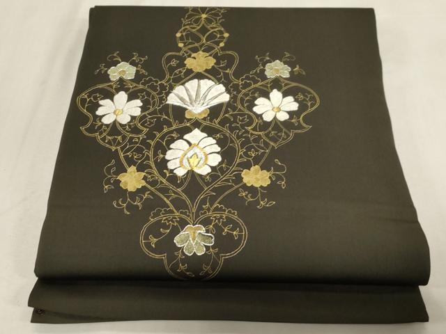 平和屋着物●塩瀬 九寸開き名古屋帯 駒刺繍 幾何学花文 黒地 金彩 正絹 逸品 CABG3068dy