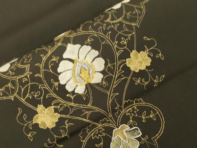 平和屋着物●塩瀬 九寸開き名古屋帯 駒刺繍 幾何学花文 黒地 金彩 正絹 逸品 CABG3068dy