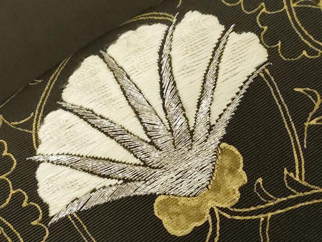 平和屋着物●塩瀬 九寸開き名古屋帯 駒刺繍 幾何学花文 黒地 金彩 正絹 逸品 CABG3068dy