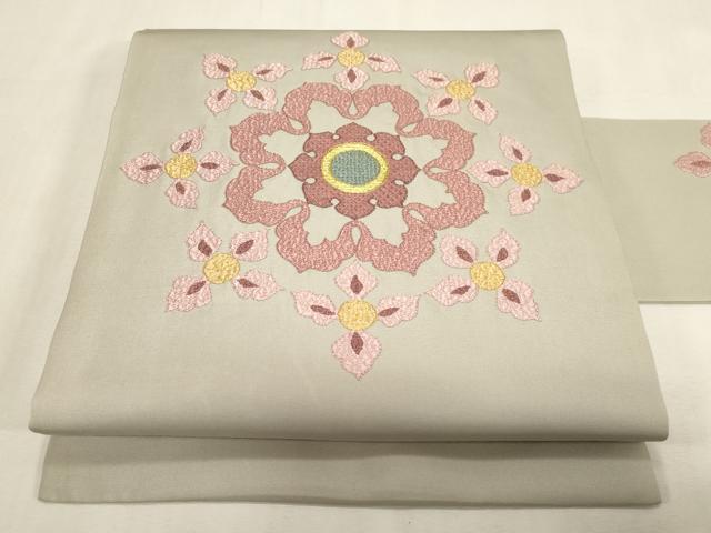 平和屋着物●塩瀬 九寸名古屋帯 総刺繍 舞花文 金糸 正絹 逸品 CABG3073dy