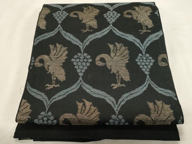 平和屋着物●八寸名古屋帯 紬地 花鳥文 黒地 金糸 正絹 逸品 CABG3076dy