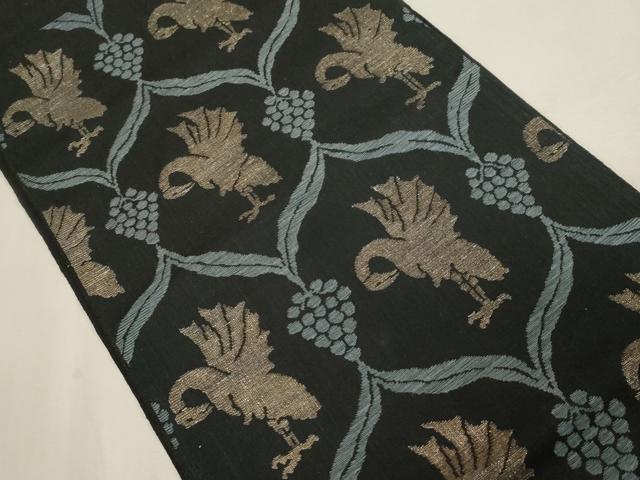 平和屋着物●八寸名古屋帯 紬地 花鳥文 黒地 金糸 正絹 逸品 CABG3076dy