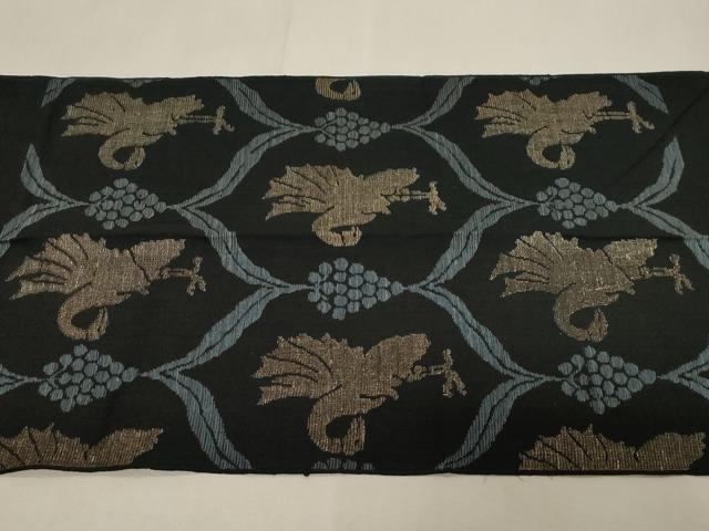 平和屋着物●八寸名古屋帯 紬地 花鳥文 黒地 金糸 正絹 逸品 CABG3076dy