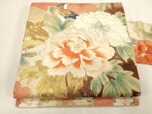 平和屋着物●アンティーク 大正ロマン 九寸名古屋帯 手描き 刺繍 花鳥文 金糸 正絹 逸品 CABG3081dy