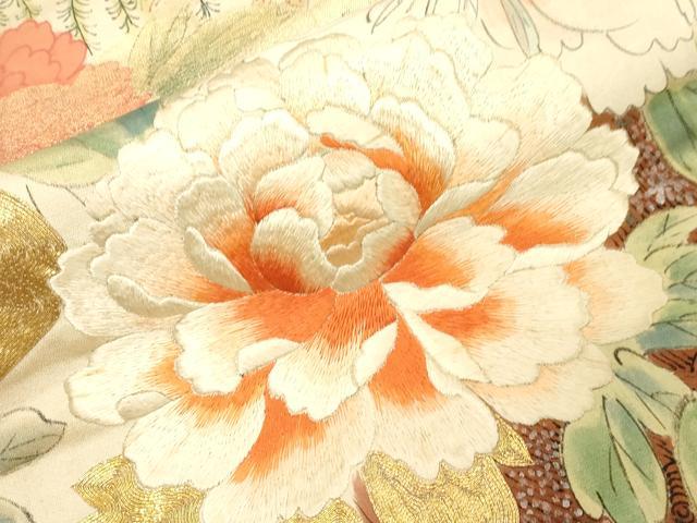 平和屋着物●アンティーク 大正ロマン 九寸名古屋帯 手描き 刺繍 花鳥文 金糸 正絹 逸品 CABG3081dy