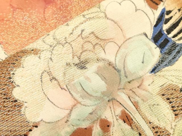 平和屋着物●アンティーク 大正ロマン 九寸名古屋帯 手描き 刺繍 花鳥文 金糸 正絹 逸品 CABG3081dy