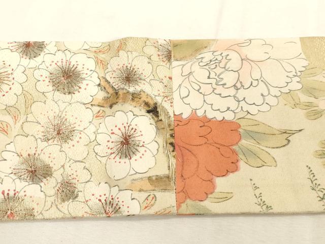 平和屋着物●アンティーク 大正ロマン 九寸名古屋帯 手描き 刺繍 花鳥文 金糸 正絹 逸品 CABG3081dy