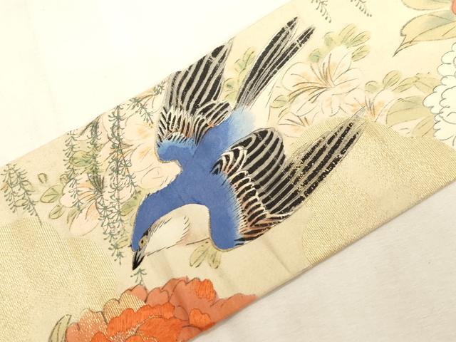 平和屋着物●アンティーク 大正ロマン 九寸名古屋帯 手描き 刺繍 花鳥文 金糸 正絹 逸品 CABG3081dy