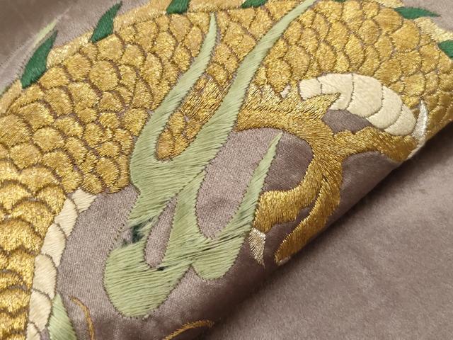 平和屋着物●アンティーク 大正ロマン 九寸名古屋帯 総刺繍 竜 金糸 正絹 逸品 CABG3082dy
