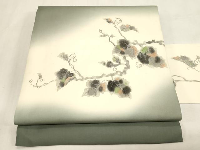 平和屋着物●塩瀬 九寸名古屋帯 手描き 蔦の葉文 正絹 逸品 CABG3084dy