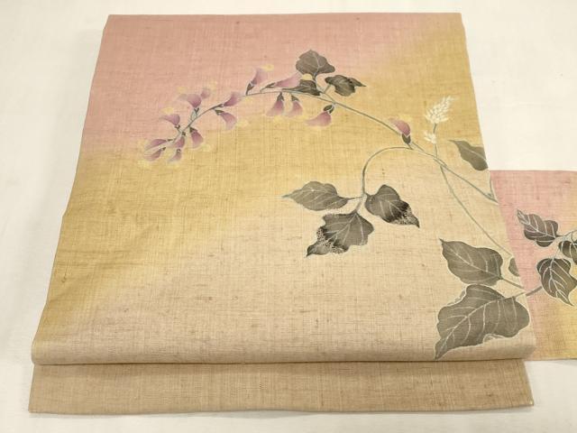 平和屋着物●九寸名古屋帯 友禅 紬地 草花文 正絹 逸品 CABG3086dy