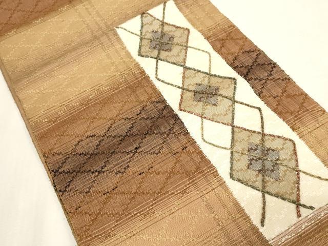 平和屋着物●八寸名古屋帯 花織 紬地 菱文 正絹 逸品 CABG3097dy
