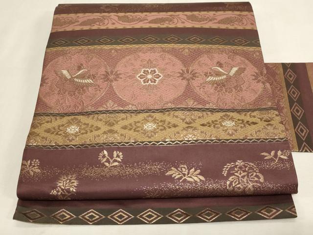 平和屋着物●九寸名古屋帯 花鳥丸文 金糸 正絹 逸品 CABG3098dy