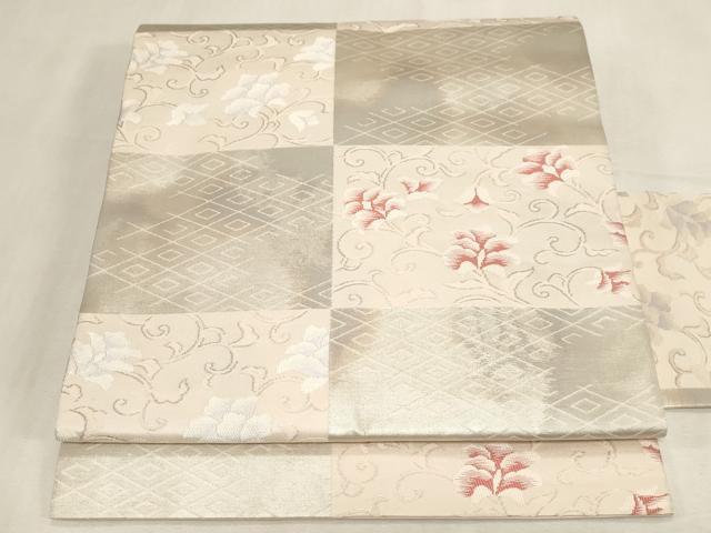 平和屋着物●九寸名古屋帯 市松更紗花文 銀糸 正絹 逸品 CABG3099dy