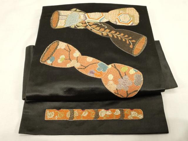 平和屋着物●絽刺し 区限刺繍 つけ帯 独楽 黒地 金糸 正絹 逸品 CABG3127dy