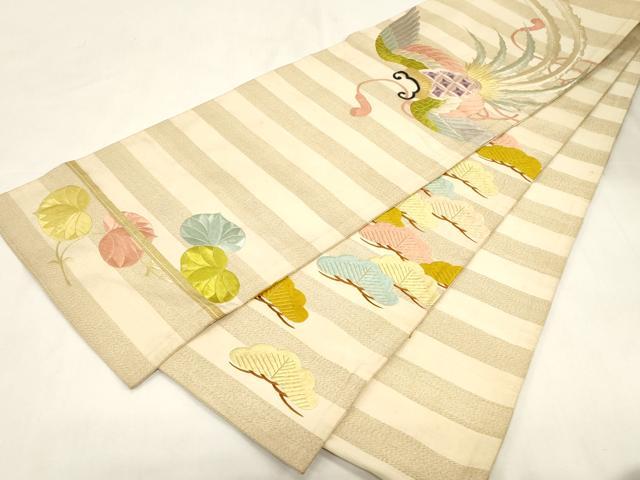 平和屋着物●丸帯 唐織 尾長鳥松文 金糸 正絹 逸品 CABG3131dy