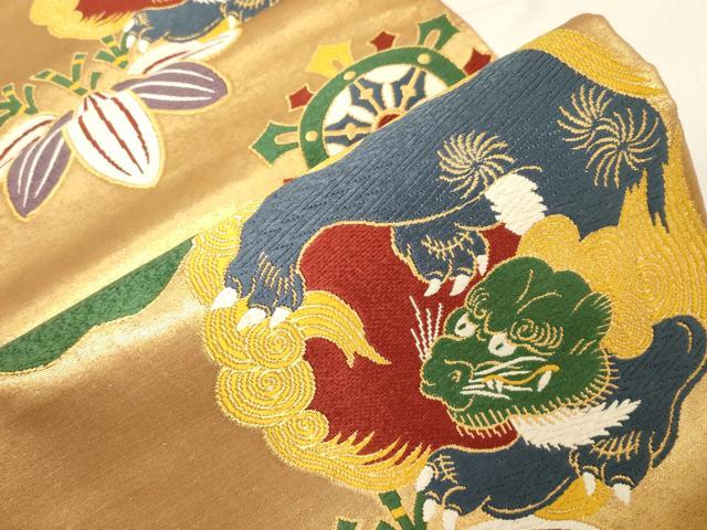 平和屋着物●西陣 さかした謹製 六通柄袋帯 唐織 御門綴 栄唐獅子門 金糸 証紙付き 三越扱い 正絹 逸品 未使用 CABG3185dy