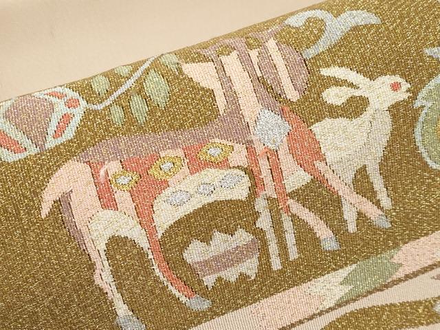 平和屋着物●爪掻き本綴れ 八寸名古屋帯 動物花唐草文 金糸 正絹 逸品 CABG3206tx