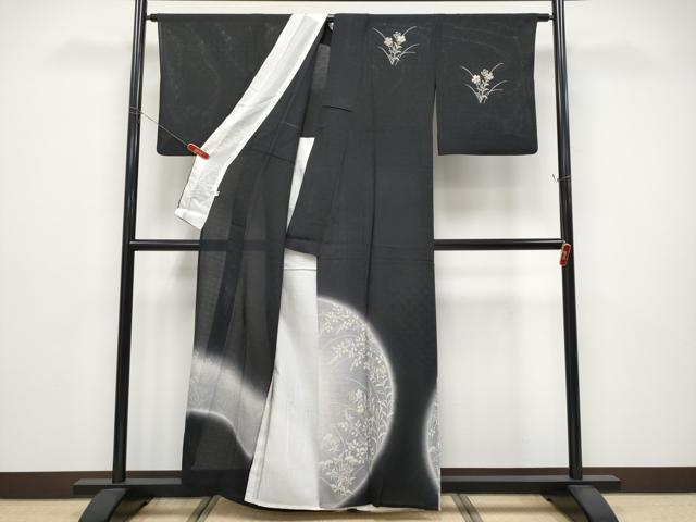 平和屋着物*夏物 訪問着 変わり絽 秋草文 暈し染め 黒地 金銀彩 正絹 逸品 CABG3227tx