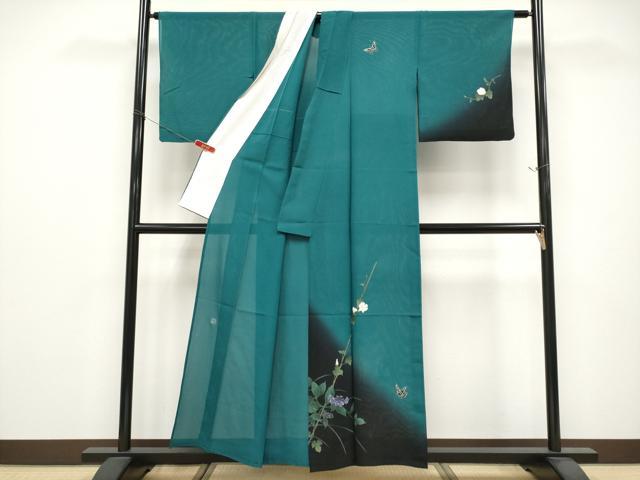 平和屋着物*夏物 訪問着 作家物 手描き 菱紋紗 花蝶文 暈し染め 金銀彩 正絹 逸品 CABG3256tx