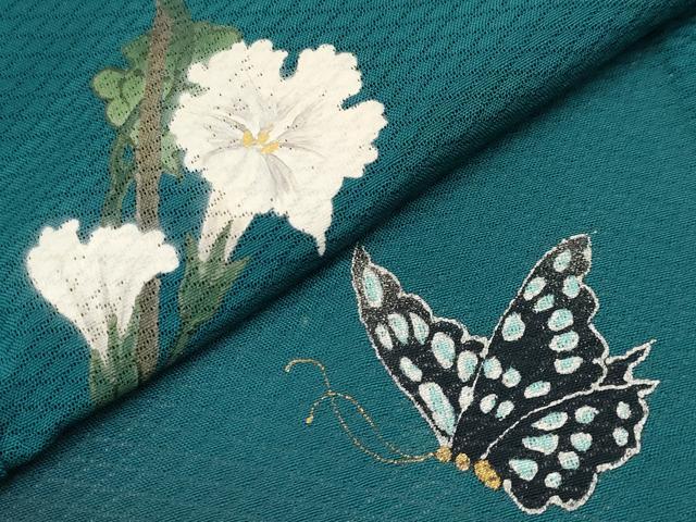 平和屋着物*夏物 訪問着 作家物 手描き 菱紋紗 花蝶文 暈し染め 金銀彩 正絹 逸品 CABG3256tx