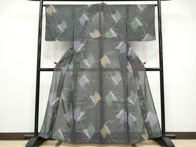 平和屋着物*夏物 小紋 縦絽 舞蝶文 洗える着物 未使用 CABG3259tx