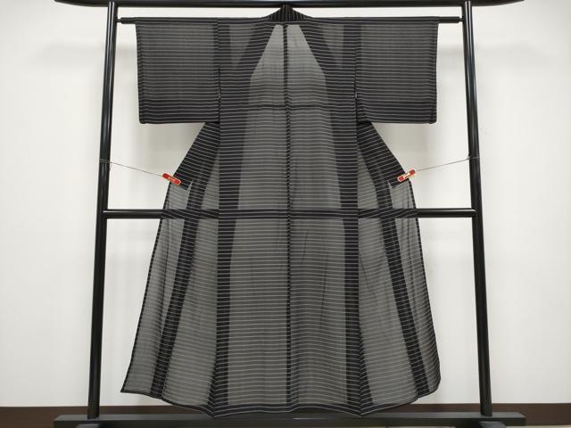 平和屋着物*夏物 小紋 紗 横段文 黒地 正絹 逸品 CABG3264tx