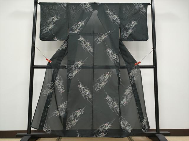 平和屋着物*夏物 小紋 絽 流水草花文 黒地 洗える着物 CABG3306tx