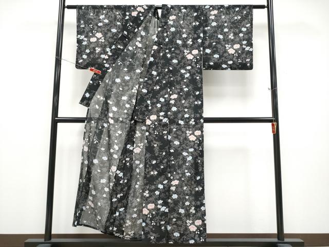 平和屋着物*夏物 小紋 絽 枝花文 黒地 洗える着物 CABG3316tx