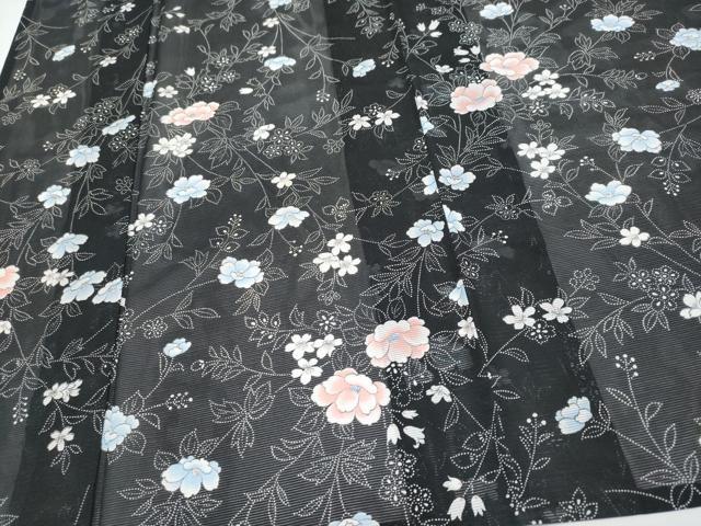 平和屋着物*夏物 小紋 絽 枝花文 黒地 洗える着物 CABG3316tx