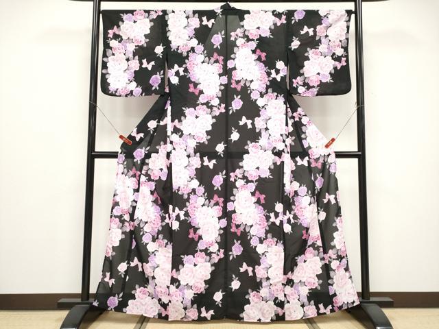 平和屋着物*夏物 小紋 紅梅 リボン 舞花文 黒地 洗える着物 CABG3333tx