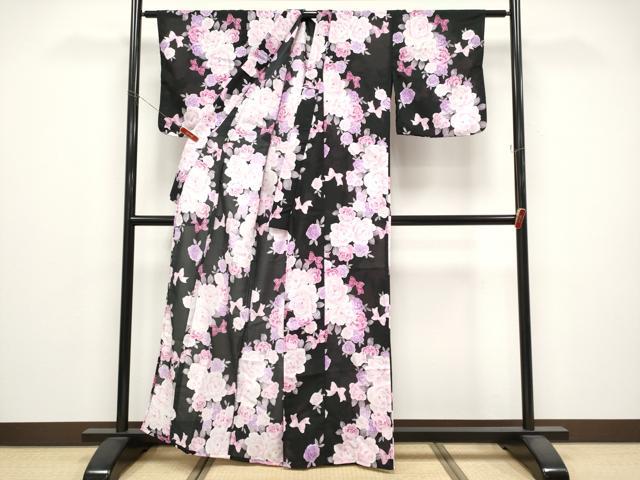平和屋着物*夏物 小紋 紅梅 リボン 舞花文 黒地 洗える着物 CABG3333tx