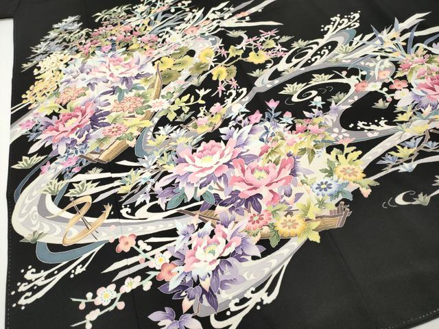 平和屋着物●本加賀友禅作家 染元千紅代表 寺西一紘 黒留袖 流水花舟文 正絹 逸品 CABG3373tx