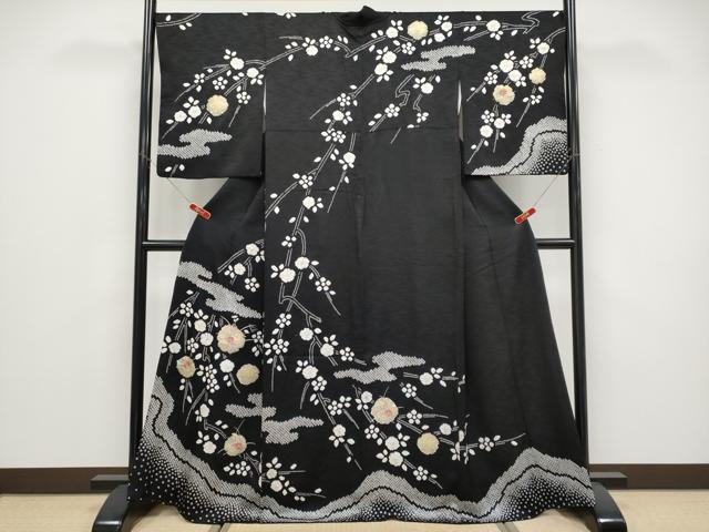 平和屋着物●訪問着 絞り 刺繍 枝垂れ花文 黒地 金彩 正絹 逸品 CABG3387tx