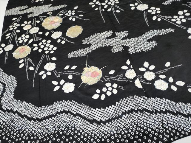 平和屋着物●訪問着 絞り 刺繍 枝垂れ花文 黒地 金彩 正絹 逸品 CABG3387tx