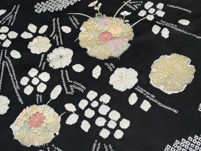 平和屋着物●訪問着 絞り 刺繍 枝垂れ花文 黒地 金彩 正絹 逸品 CABG3387tx
