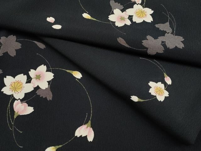 平和屋着物●夢工房 小紋 舞桜文 黒地 洗える着物 CABG3388tx