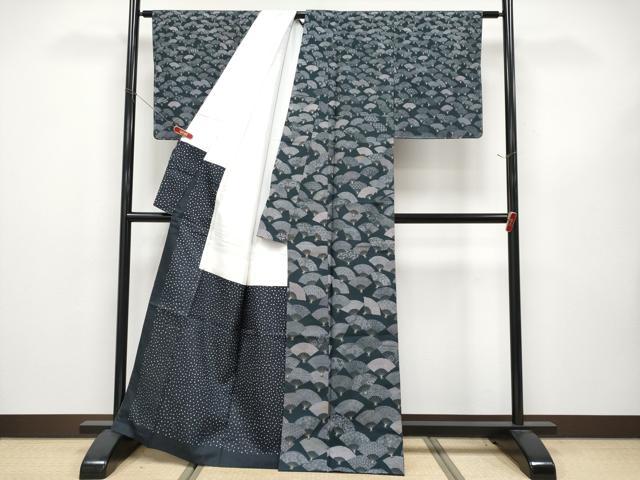 平和屋着物●伝統工芸士 岡村正三作 訪問着 江戸小紋 紬地 扇面花文 正絹 逸品 CABG3393tx