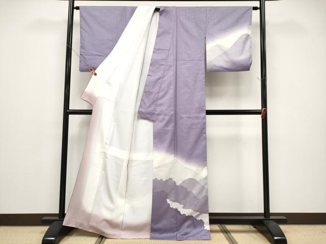 平和屋着物●訪問着 本場染大島紬 風景シルエット 銀通し地 正絹 逸品 CABG3414tx