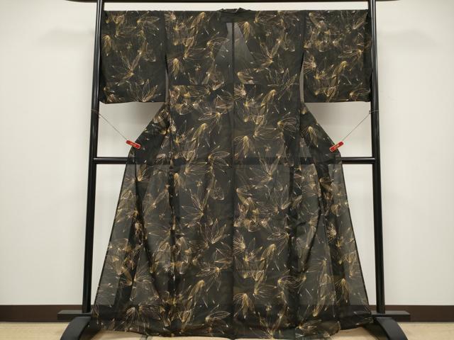 平和屋着物*夏物 小紋 絽 笹 黒地 洗える着物 CABG3439tx