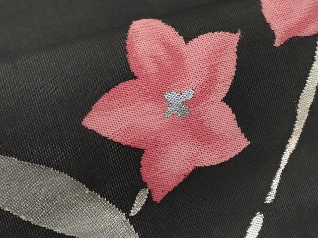 平和屋着物*夏物 九寸名古屋帯 草花文 黒地 金銀糸 正絹 逸品 CABG3484tx