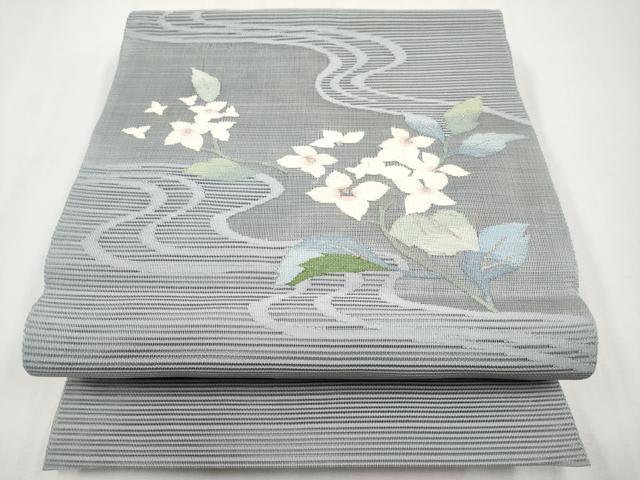 平和屋着物*夏物 八寸名古屋帯 絽綴れ 流水枝花文 銀糸 正絹 逸品 CABG3504tx
