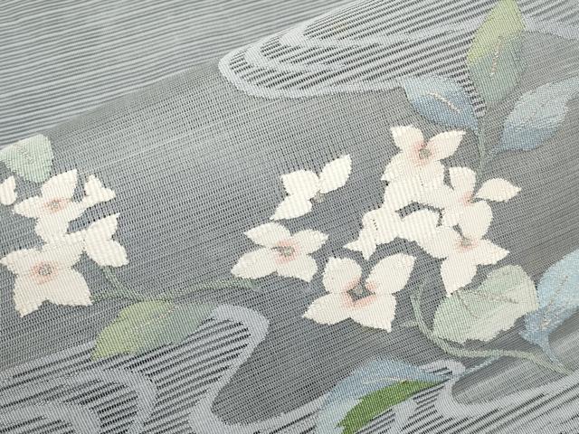 平和屋着物*夏物 八寸名古屋帯 絽綴れ 流水枝花文 銀糸 正絹 逸品 CABG3504tx