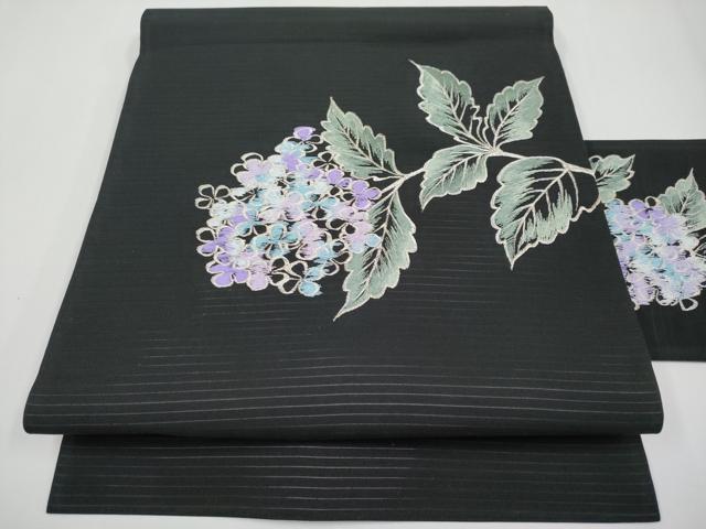 平和屋着物*夏物 絽塩瀬 九寸名古屋帯 総刺繍 紫陽花 黒地 銀糸 正絹 逸品 CABG3539tx