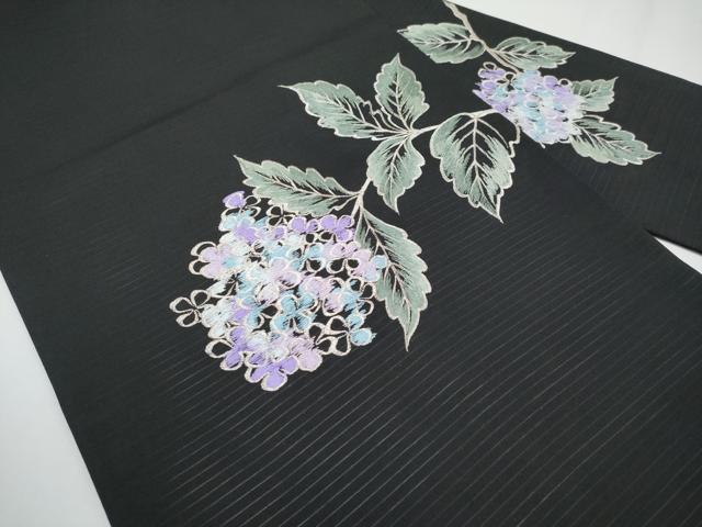 平和屋着物*夏物 絽塩瀬 九寸名古屋帯 総刺繍 紫陽花 黒地 銀糸 正絹 逸品 CABG3539tx
