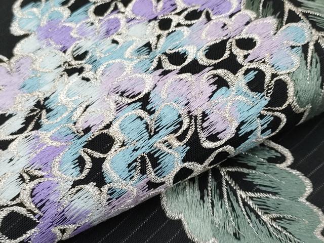 平和屋着物*夏物 絽塩瀬 九寸名古屋帯 総刺繍 紫陽花 黒地 銀糸 正絹 逸品 CABG3539tx